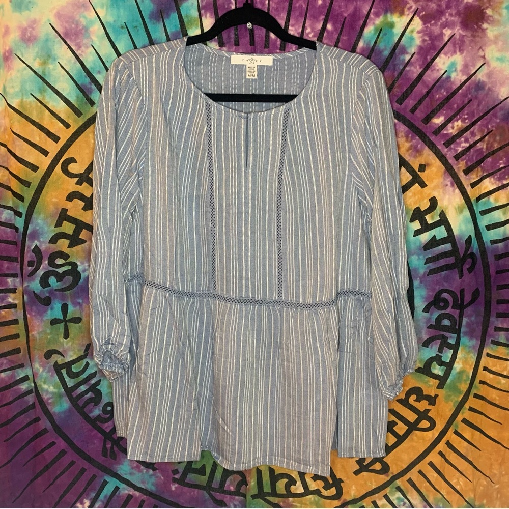Peasant “Whistlers” Scoop Neck Blouse by Fever Striped Size M Blue/White